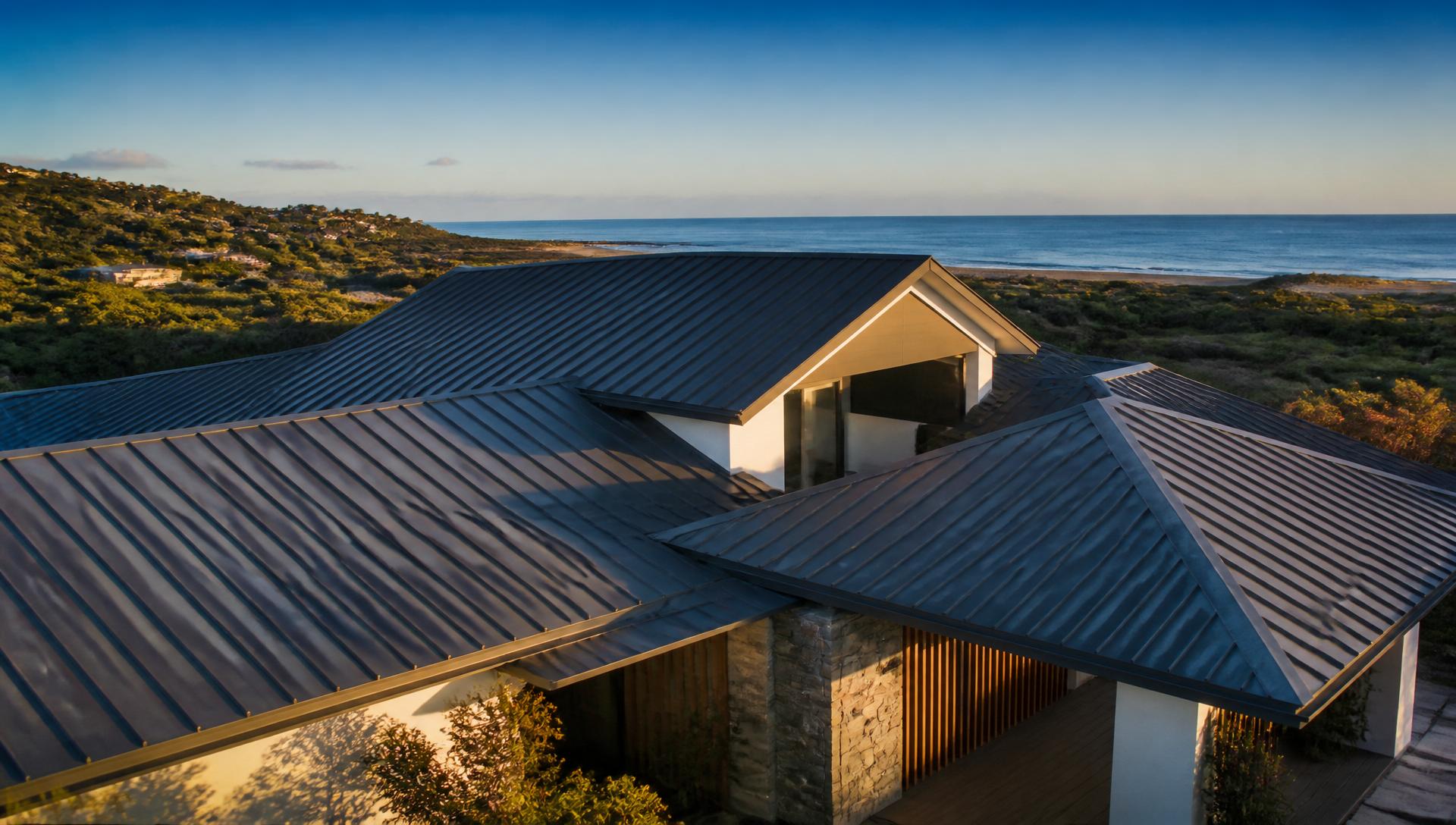 Aesthetic aerial view of a premium Colorbond roof on a modern coastal home